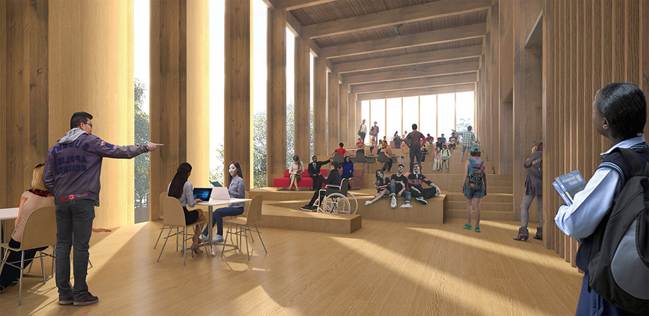 Rendering of the JDUC interior showing mass timber columns and beams