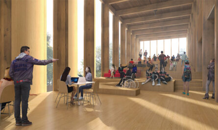 Rendering of the JDUC interior showing mass timber columns and beams